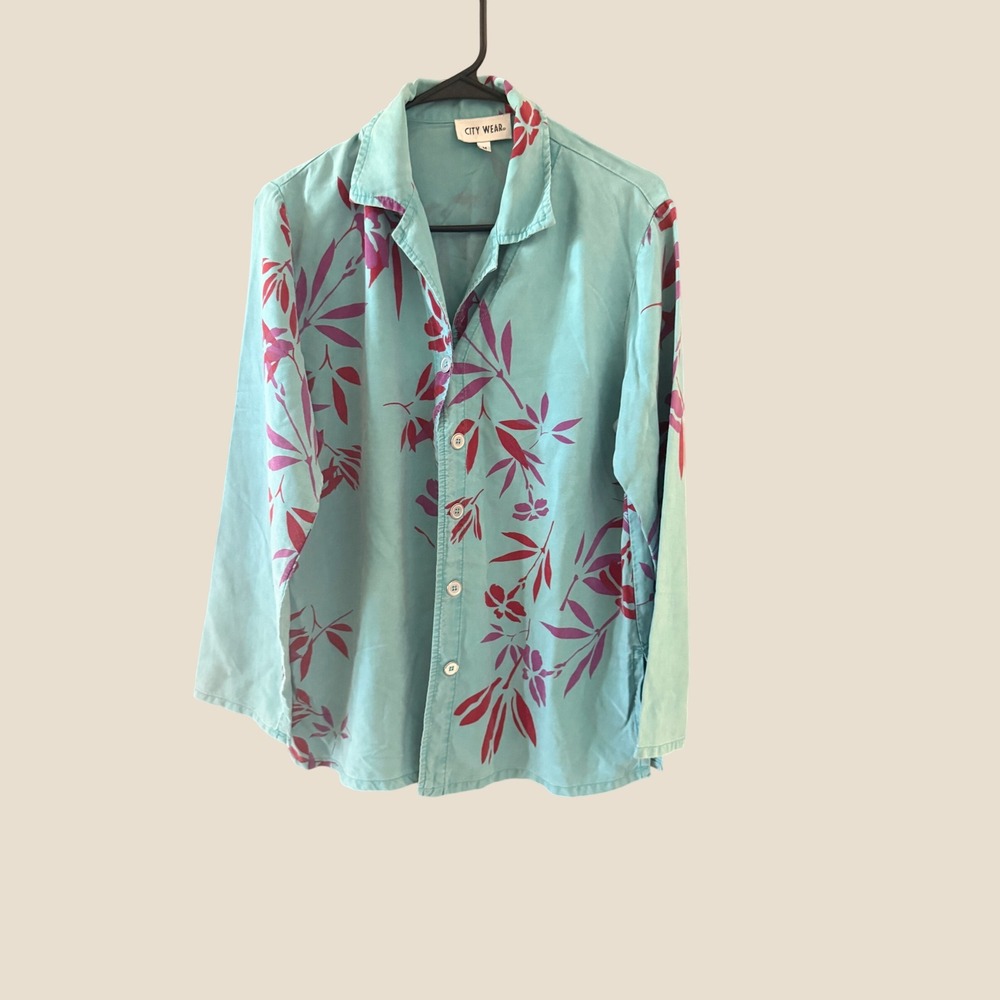 City Wear Vintage y2k Blue Magenta Tropical Floral Tencel Button Up Shirt Size M